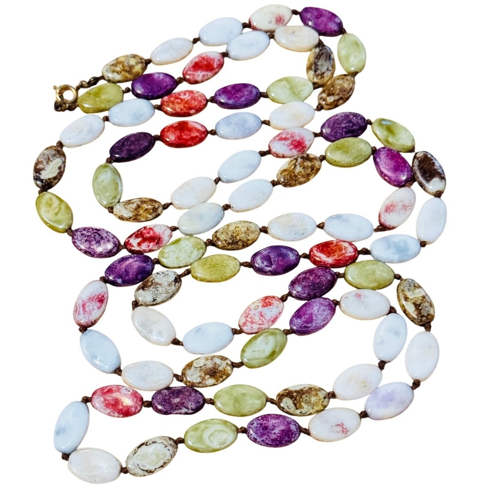 VTG‎ Czech art glass beaded Picasso Necklace Knotted oval beads flapper 54" rare